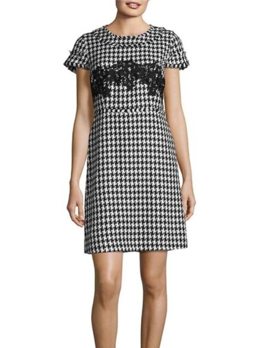 Karl Lagerfeld Paris Tweed Black White Houndstooth Sheath Dress Lace Trim